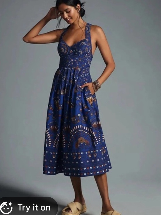 Anthropologie Dresses & Skirts - Anthropology Printed Sweetheart Dress Sleeveless Blue Printed Midi Dress